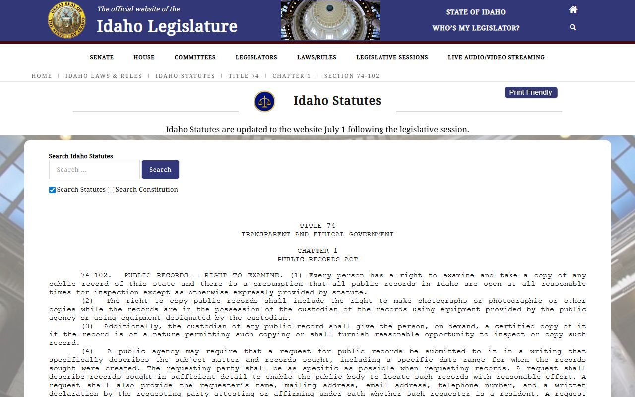Bannock County Clerk public records Idaho Code 74-102