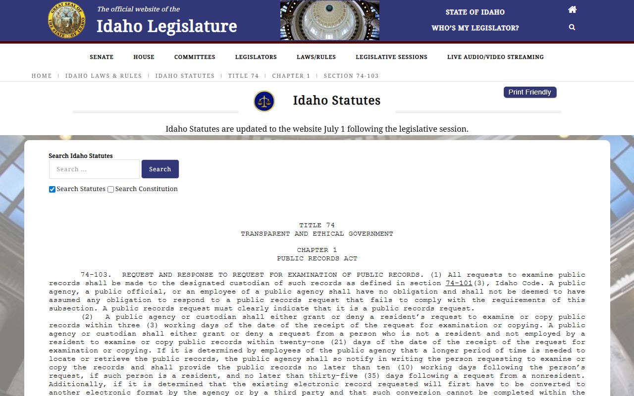 Bannock County Clerk public records Idaho Code 74-103 response timing