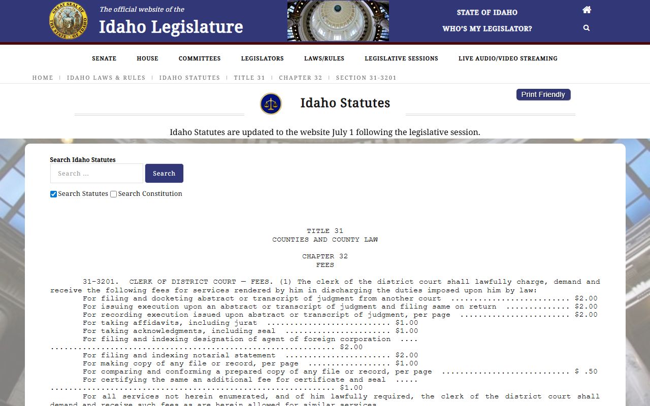 Bannock County Clerk records Idaho Code 31-3201 fee authority