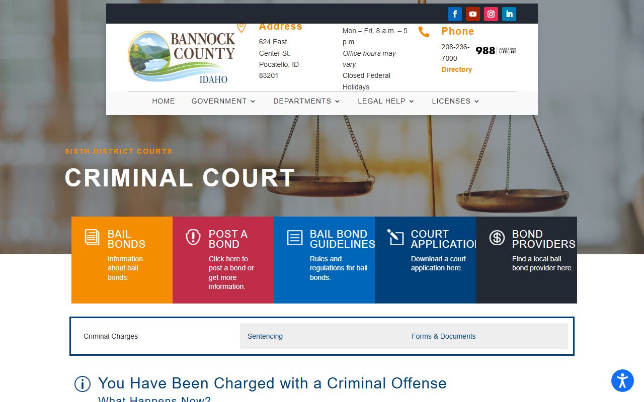 Bannock County court dockets criminal court page screenshot