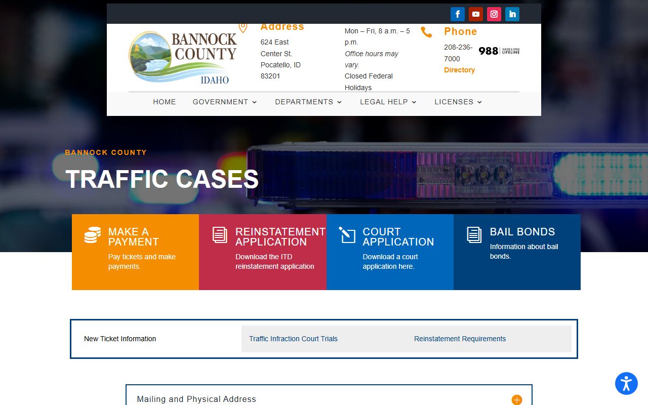 Bannock County court dockets traffic cases page screenshot