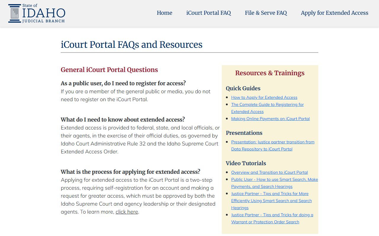 Bannock County court records iCourt FAQ public access screenshot