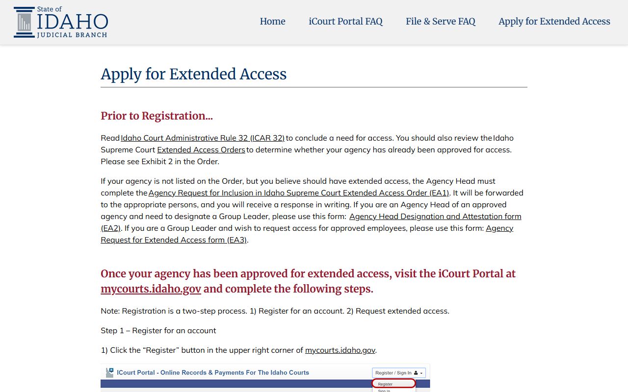 Bannock County court records iCourt extended access instructions screenshot