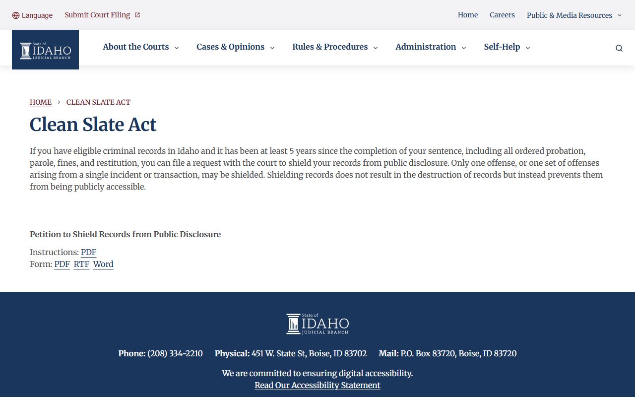Bannock County criminal court records Idaho Clean Slate Act screenshot