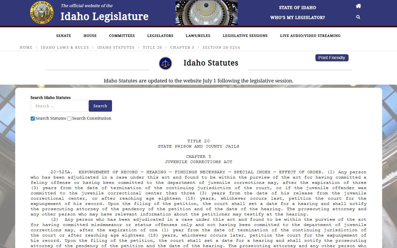 Bannock County criminal court records juvenile expungement statute screenshot