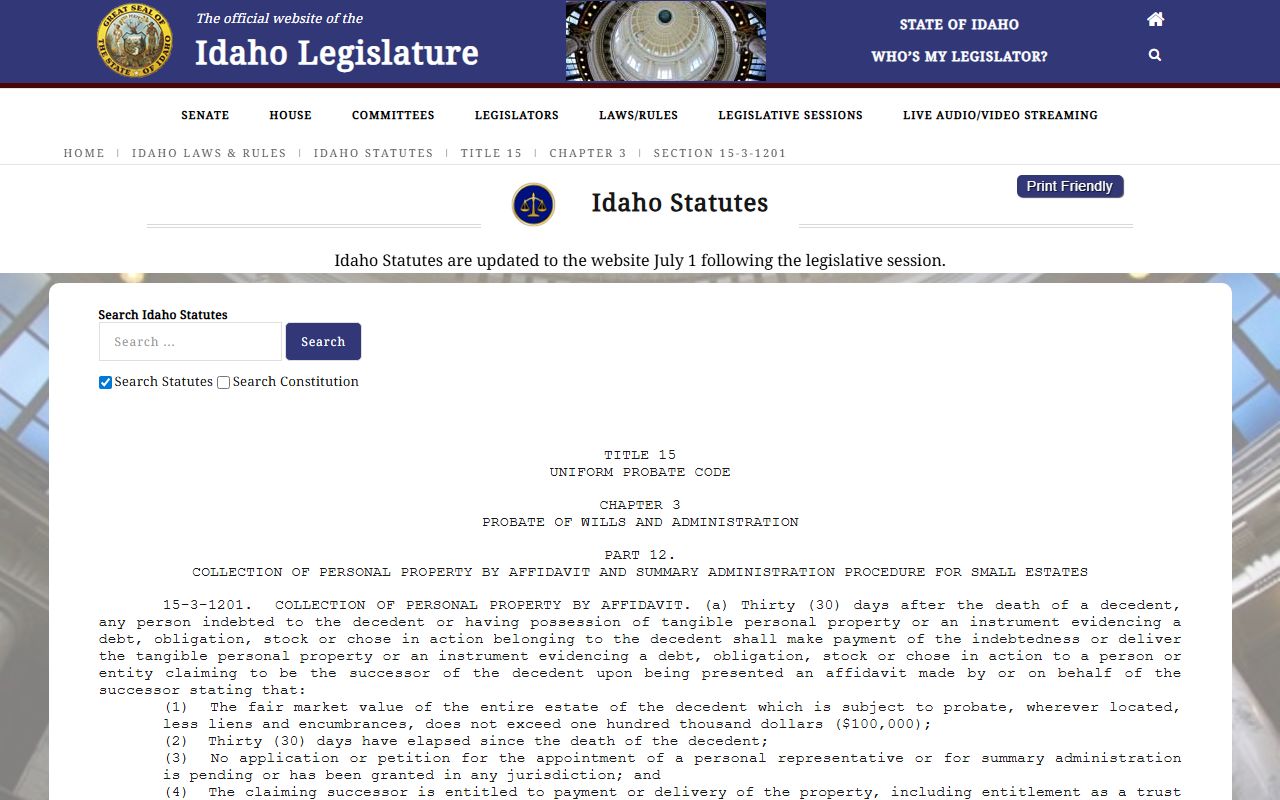Bannock County probate records small estate statute