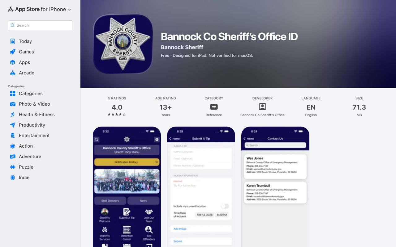 Bannock County warrant search Apple sheriff app listing